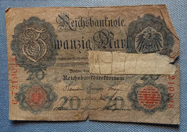 Old German Banknote Twenty Mark Berlin Reichsbankdirektorium