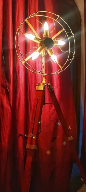 Old Style Fan Light Brass Floor Lamp With Wooden Adjustable Tripod Stand Modern