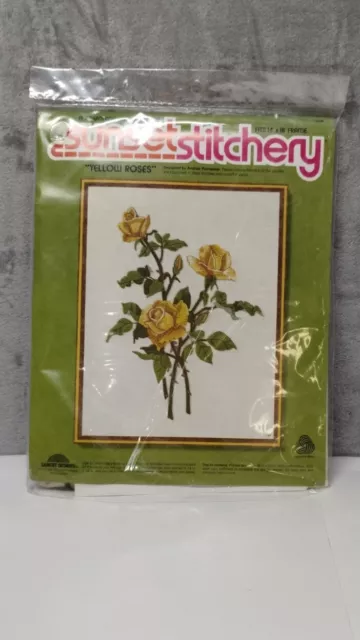 *TORN SEAL* Vintage Sunset Stitchery 14x18 Yellow Roses Embroidery Kit 1977