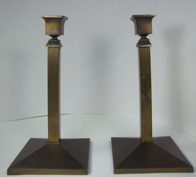 B&H BRADLEY & HUBBARD Antique Candlesticks Pair Brass Posts Cast Iron Base Tall