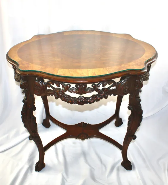 Antique Parlor Table Rococo. Burl Wood. Deeply Hand Carved Scrolls, Motifs 1850