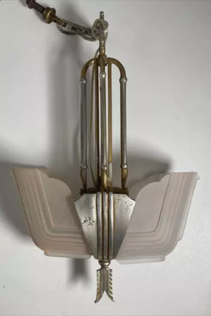 Vintage Ca. 1930s Art Deco 2 Light Slip Shade Chandelier Detailed Gilt Hardware 2