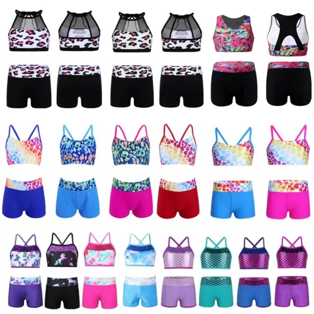 Kids Girls Sports Dance Activewear Top Shorts Set Gymnastics Ballet Dancewear