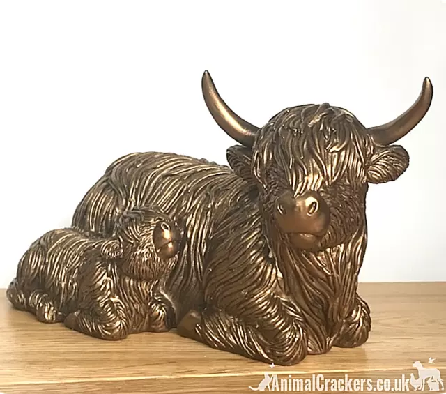 Large 24cm Leonardo Bronzed laying Highland Cow Mother & Calf ornament figurine 3