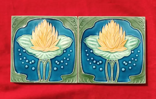 2 Piece Art Deco Flower Design Embossed Majolica Used Ceramic Tiles Japan 0313