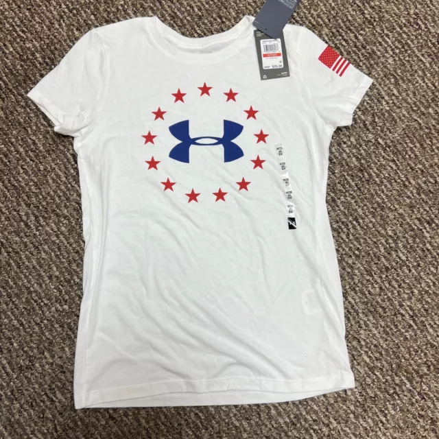 New NWT Under Armour Tee Womens UA Freedom USA Patriotic Graphic Tee White XS