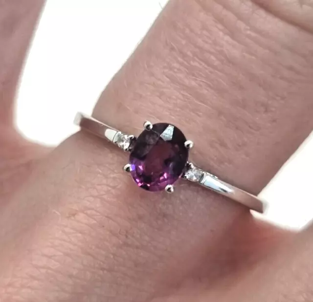 9ct Gold Ring with Purple Tourmaline & Two Diamonds UK ring Size O 1/2 - 9ct
