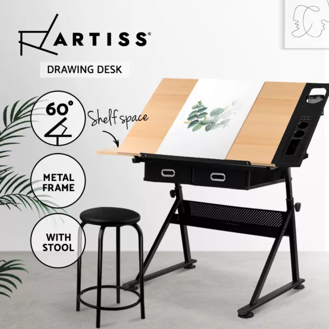 Artiss Drawing Desk Stool Set Drafting Table Art Desks Adjustable Tilt Drawers