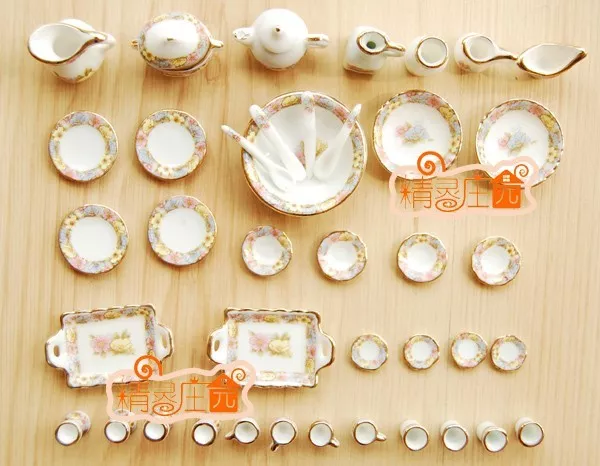 1:12 Dollhouse Miniature Porcelain Vintage Dinnerware Tea Cup Dish Plate 40PCS