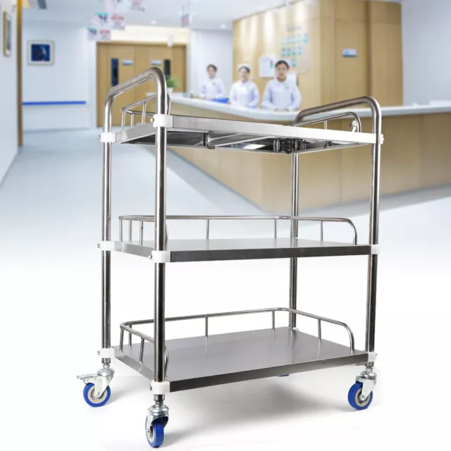 3 Layers Trolley Cart Stainless Steel Lab Mobile Rolling Serving Cart Silver