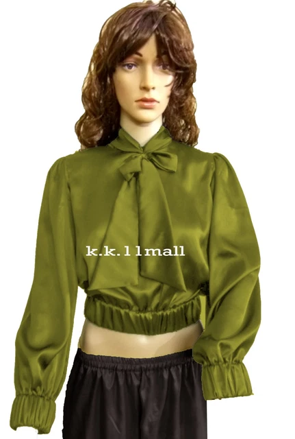 Fiocco Cravatta Camicetta Verde Oliva Camicia Raso Vintagewear Alto Crepe