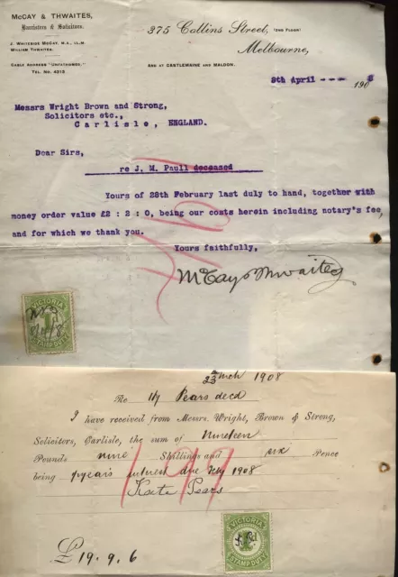 1908 1d Victoria Sello Deber de Rentas Encendido Dos Melbourne Abogados Letras