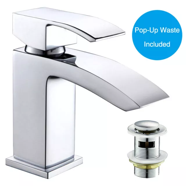 Waterfall Bathroom Sink Counter Taps Basin Sink Mixer Chrome Mono Faucet + Waste