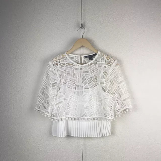 French Connection l 12 Freddy White Lace Geo Illusion Pleated Ruffle Pom Pom Top