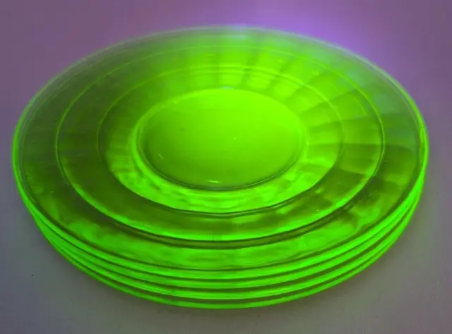 Anchor Hocking Block Optic Green Uranium Glass Bread Plates 6 1/8” Set of 4