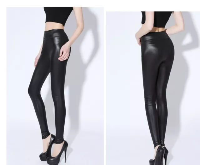 Black wet look leggings HIGH WAIST faux leather ladies stretch pant PVC  trousers