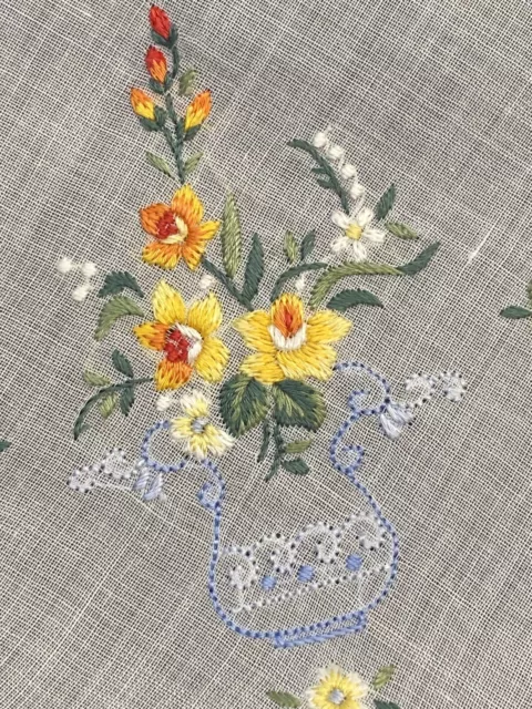 Ladies White Hankie Hand Embroidered Vase Full Of Flowers Handkerchief