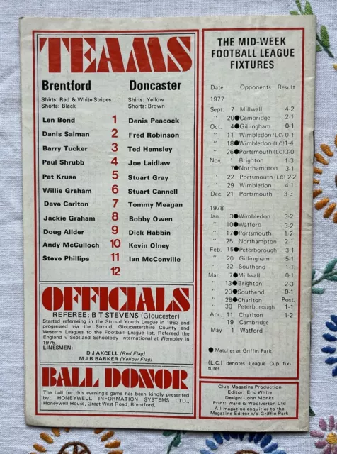 Football Programme - Brentford v Doncaster Rovers- Division Four - 18th Apr 1978 3