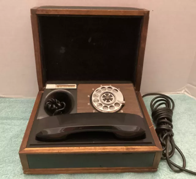 Vintage Deco-Tel Rotary Personal Desk Telephone in Wood / Leather Case