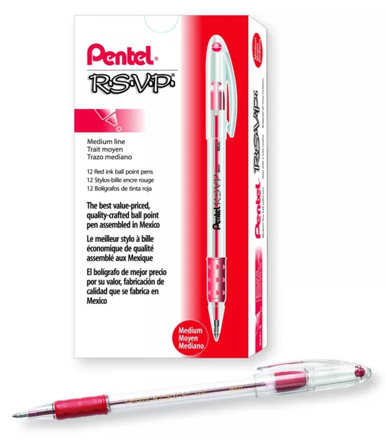 BK91-B Pentel RSVP Ball-Point Stick Pen, 1.0mm Medium Tip, Red, Pack of 12