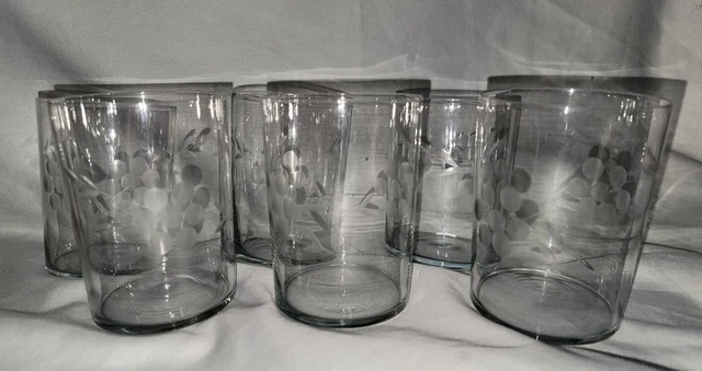 Lot 6 Vintage Clear Depression Glass Floral Etched Drinking Glasses 8oz