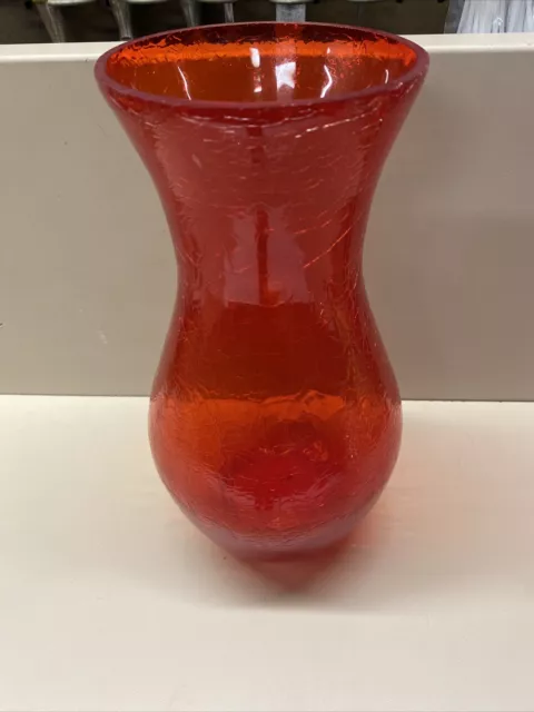 Vintage 10 inch Hand Blown Red Crackle Glass Vase