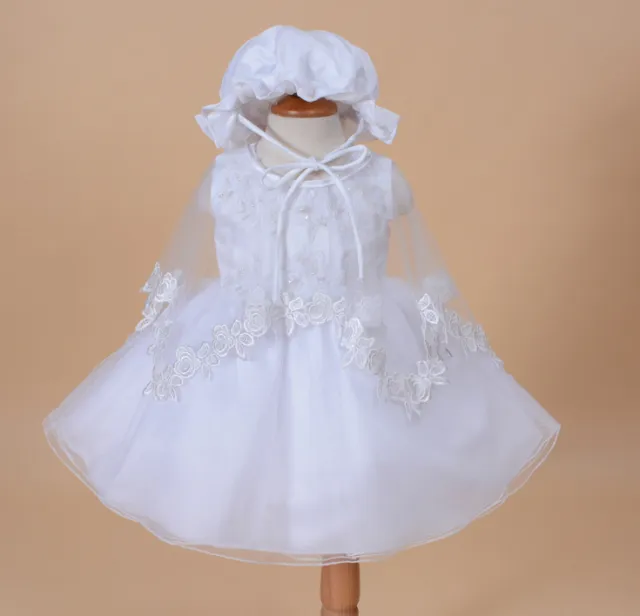 Baby Christening Party Dress Cape Bonnet in White Ivory 0 3 6 12 18 24 Months