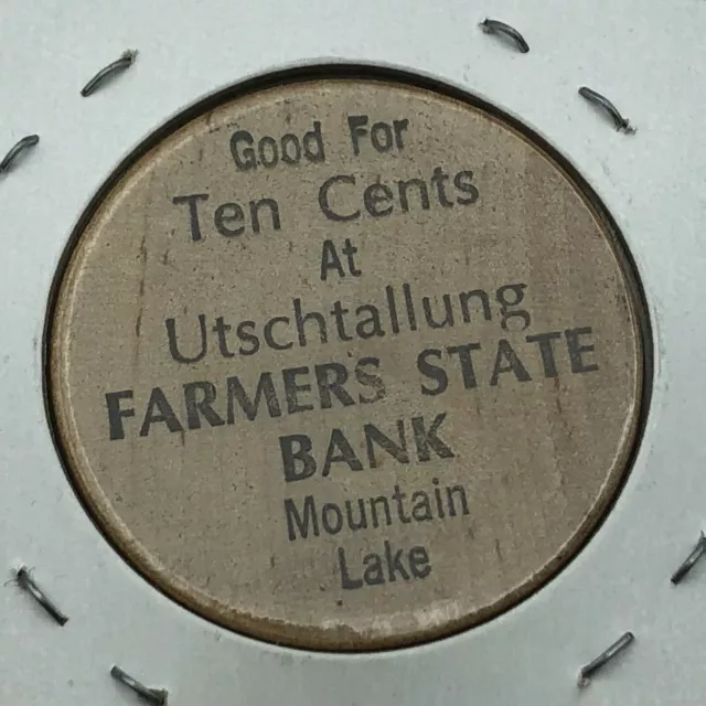 Vtg Utschtallung Farmers Bank Mountain Lake MN Advert Indian Wooden Nickel M8