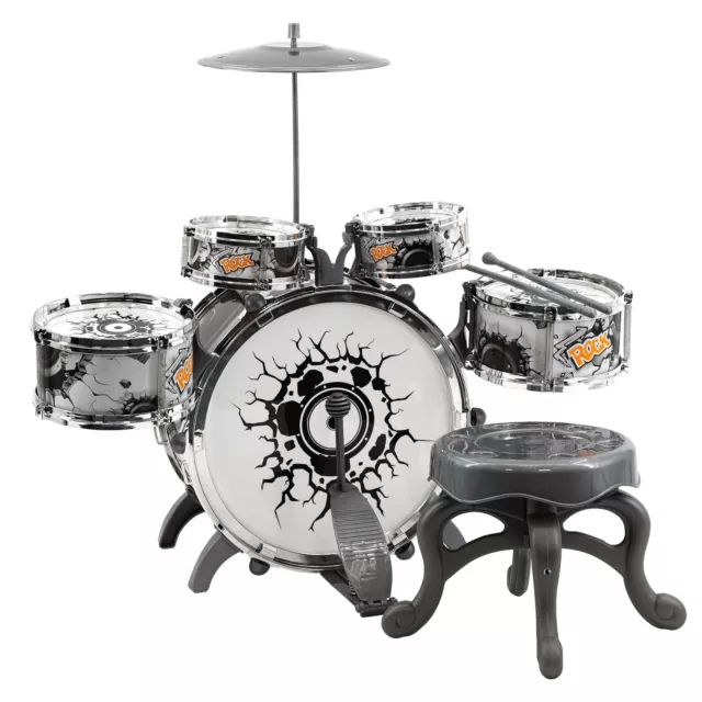 Kids Black and White Drum Kit Play Set Drums Musical Toy Instrument Pedal Stool