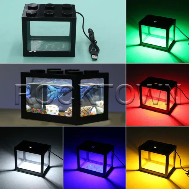 Mini Box USB Fish Tank Aquarium LED Light Lamp Desktop Ornament Decor BLACK