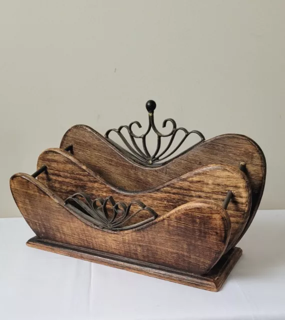 Rustic Solid Wood Mail Holder With Wrought Iron Accents ☆2 Compartment Sorter