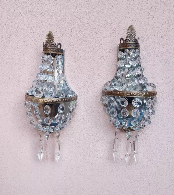 Vintage Pair of French Empire Brass Crystal 1 Light Sconces Wall Lights