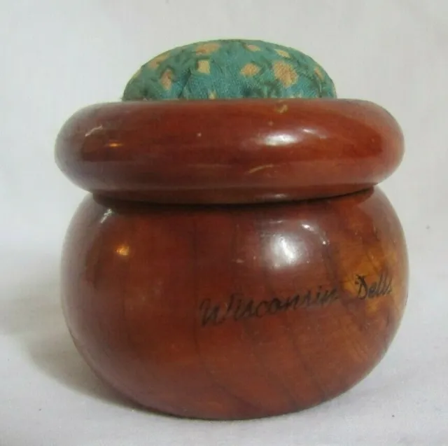 Vintage Round Cloth Covered Wood Pin Cushion And Trinket Box  Wisconsin Dells