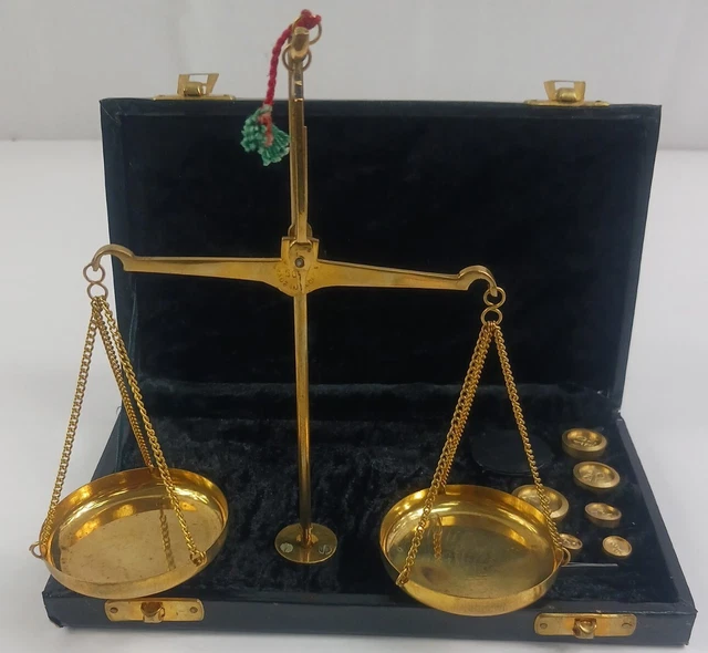 VINTAGE JEWELERS COIN Brass Portable Balance Scales Compete W/Case 24.
