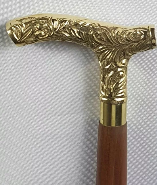 Antique Style Victorian Brass Head Handle Wooden Walking Stick Cane Vintage Gift