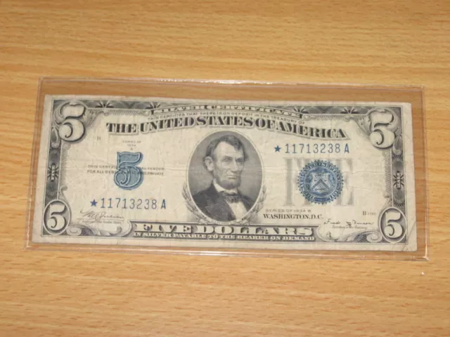 1934 B $5 Five Dollar Silver Certificate Star Note Fr. 1652* (RARE)