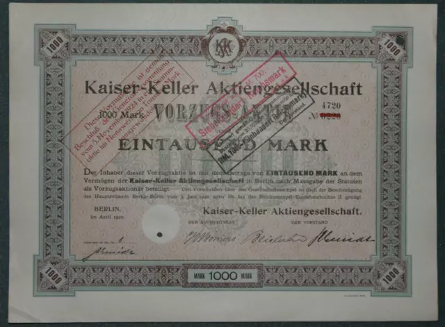 Kaiser-Keller Aktiengesellschaft Vorzugsaktie 1920 1000 Mark