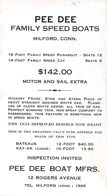 Milford, Ct, Pee Dee Boat Mfrs Adv Blotter For Their Various Boats
