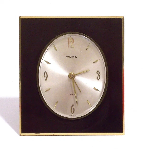 Vintage Swiza Orologio Sveglia Meccanico In Ottone E Smalto Nero - Funzionante