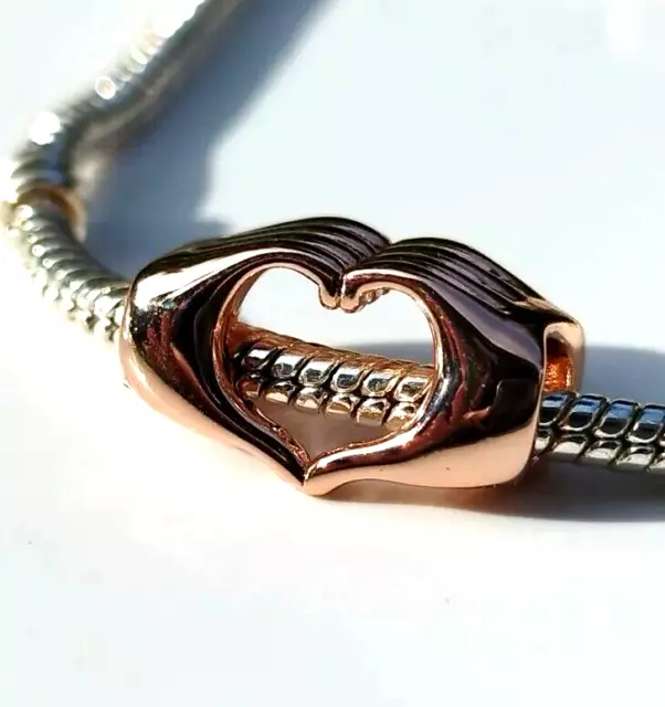 Rose Gold Love Heart Hands Sign Charm Pendant BEAD SILVER S925 fit bracelet