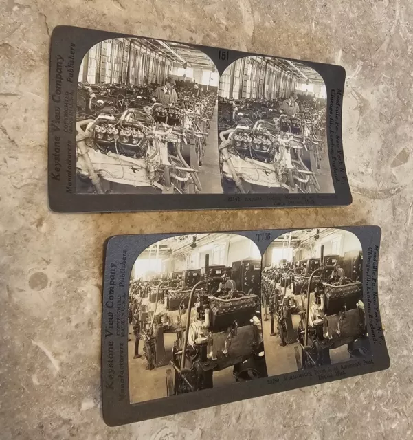 2 Antique Keystone View Co StereoView Photo Cards Automobile Engine Motor MICH