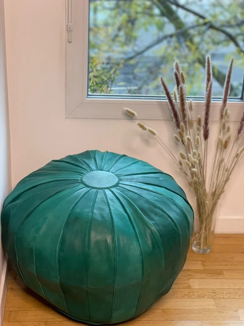 Pouf Marocain Rond En Cuir Vert - Fait Main (100% Cuir, 40x65 Cm)