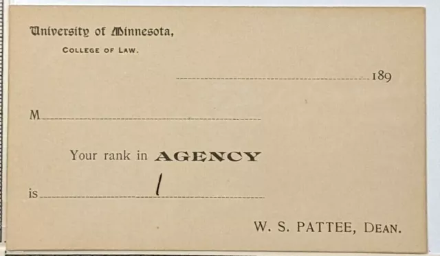 1890s Univ Minnesota College of Law Class Ranking Card WS Pattee Dean Antique