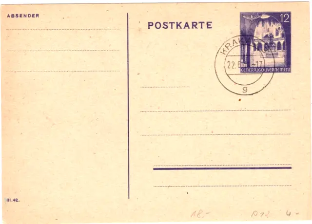 DR/GG Postkarte P 12/02 mit Blankostempel KRAKAU 22-6-44