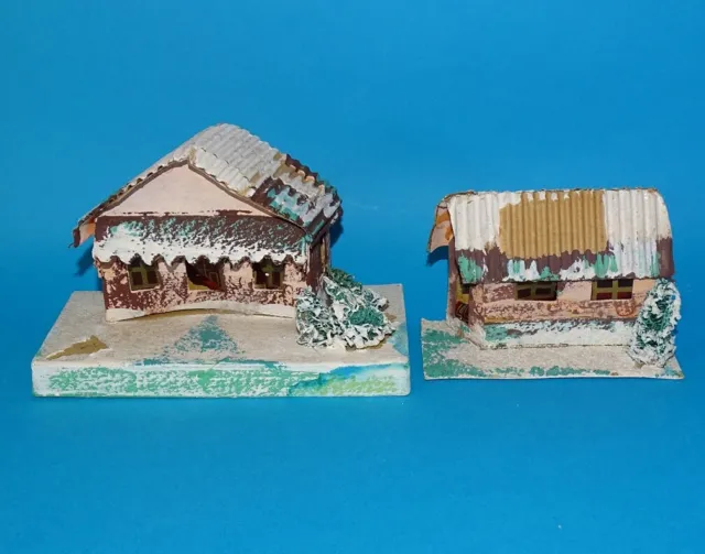 2 Vintage Putz Christmas Cardboard Houses Corrugated Roof Mica Snow Tree Japan
