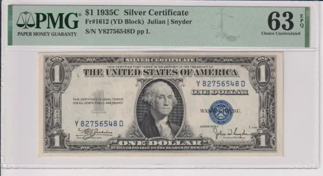 Fr 1612 1935C $1 SC Y82756548D PMG 63EPQ CH CU 1935-C Silver Certificate