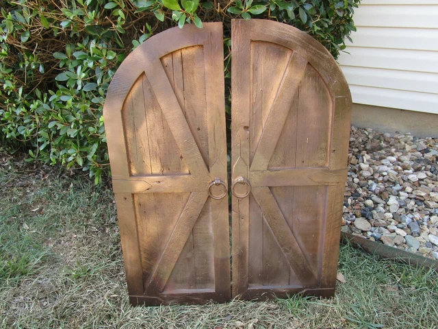 Pair-dark espresso & copper vintage inspired round top barn doors with hardware
