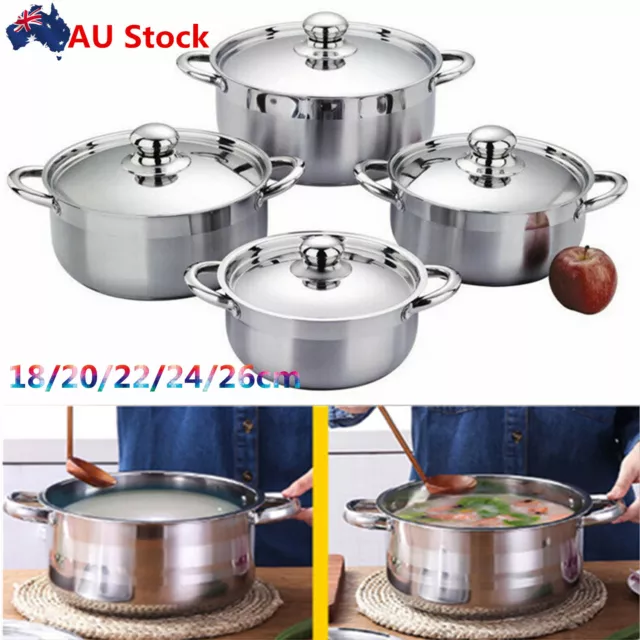 5pcs/set Stainless Steel Stockpot with Lid Cookware Silver 18/20/22/24/26cm AU