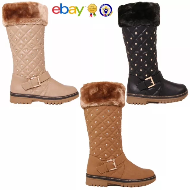 Ladies Women's Mid Calf Winter Warm Diamante Fur Casual Fashion Boots Shoes Size