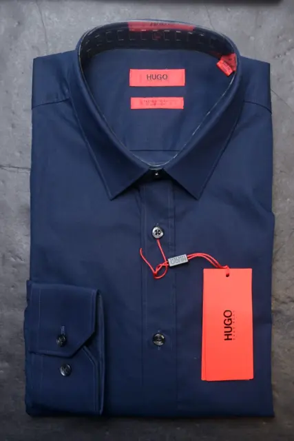 Hugo Boss Men's Elisha Easy Iron Extra Slim Fit Navy Cotton Dress Shirt 38 15